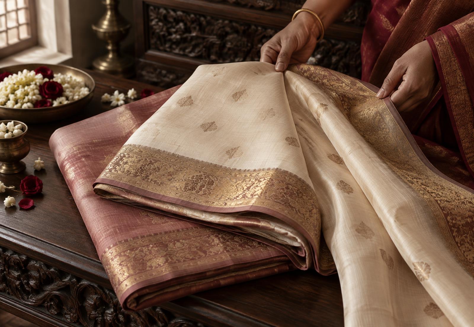 Artisan presenting an ivory handloom saree