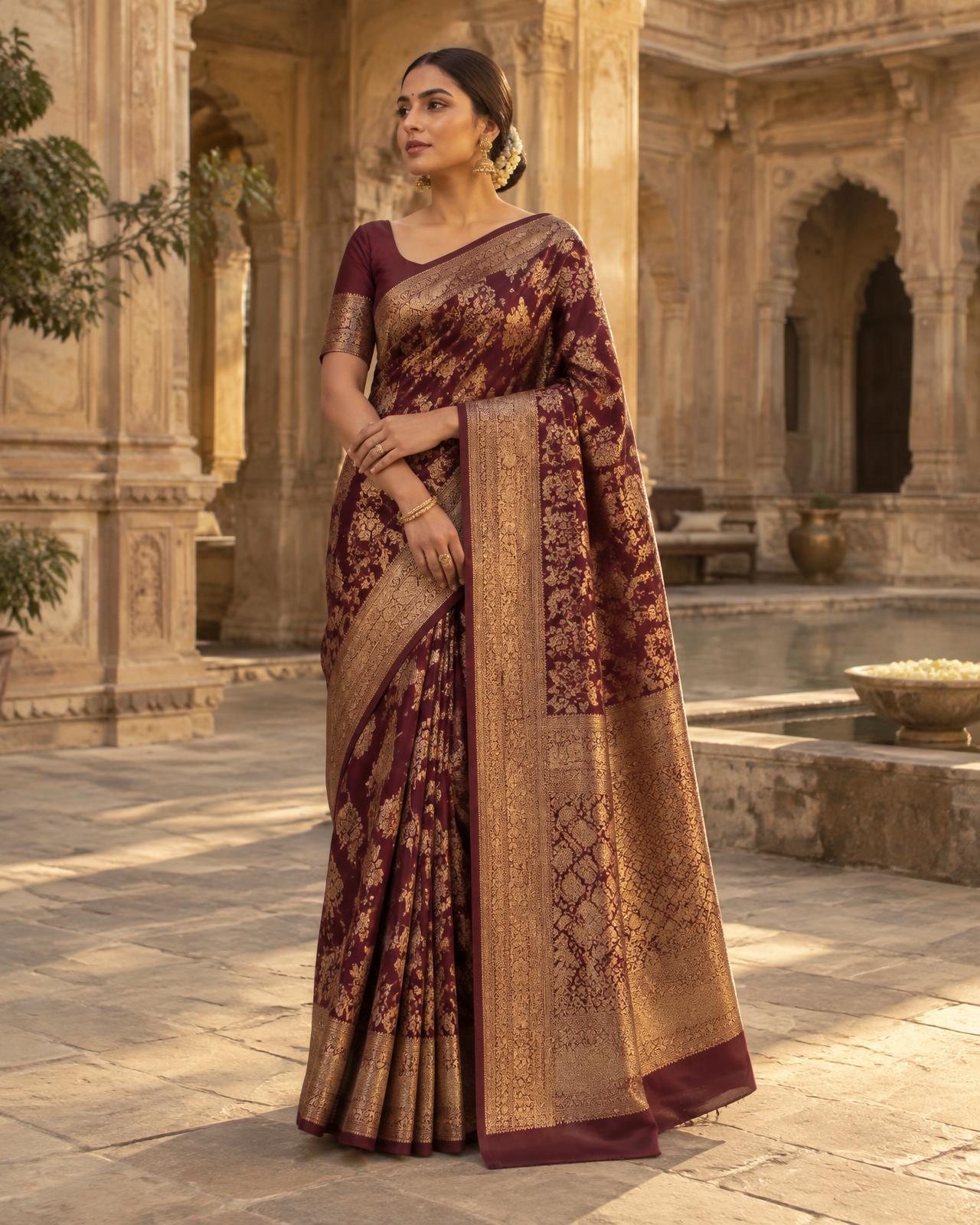 Woman wearing a burgundy Banarasi silk saree
